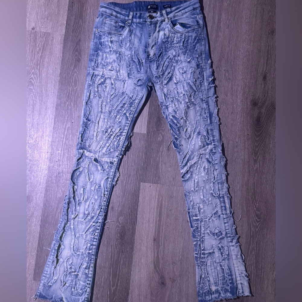 Men's Stacked fit Distressed Blue Jeans